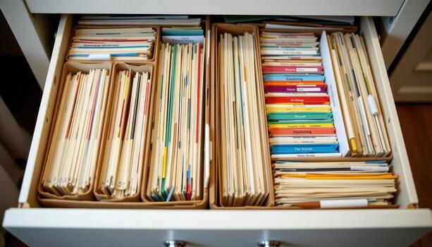 Open filing cabinet drawers hold papers arranged methodically, with dividers and color coded labels maintaining a clean system. photo