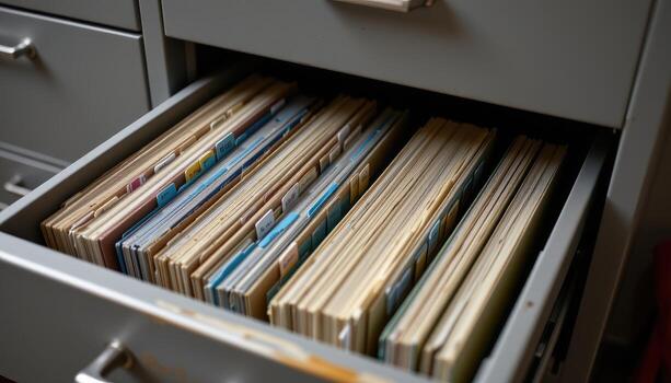 Open filing cabinet drawers display files sorted by category and date, with stacked papers and labeled tabs maintaining order. photo