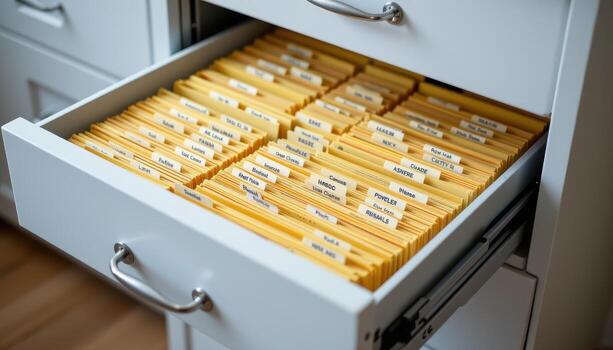 Open filing cabinet drawers reveal files positioned systematically, each folder labeled clearly and aligned neatly. photo