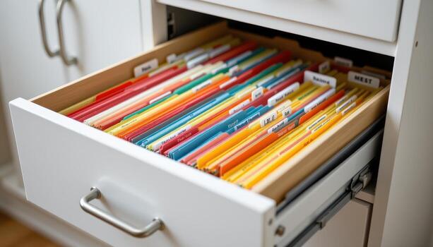 Open filing cabinet drawers hold files arranged systematically, with labels, dividers, and tabs ensuring easy retrieval. photo