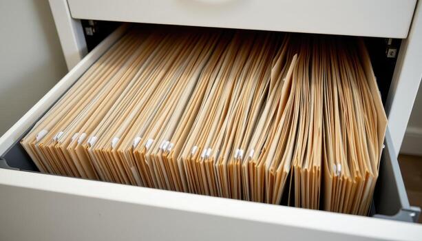 Open filing cabinet drawers contain files positioned carefully, each folder labeled and stacked evenly for efficient access. photo