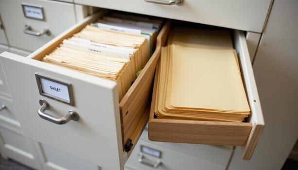 Open filing cabinet drawers showcase organized papers, with labeled folders and evenly aligned stacks maintaining a tidy system. photo