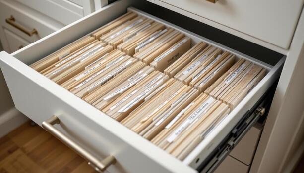 Open filing cabinet drawers display organized papers, with folders arranged in precise rows and labels providing guidance. photo