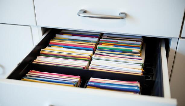 Open filing cabinet drawers contain documents arranged systematically, with color coded tabs and evenly stacked files maintaining order. photo