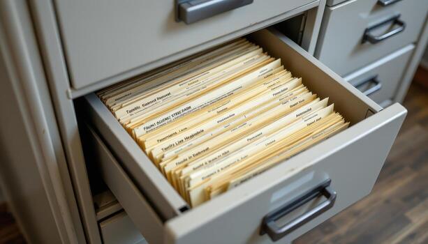 Open filing cabinet drawers hold systematically arranged files, with papers sorted by topic, date, and importance. photo