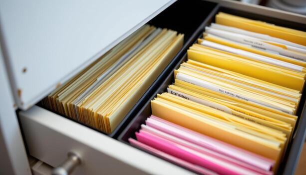 Open filing cabinet drawers display neatly categorized files, with papers aligned and folders arranged systematically. photo