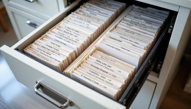 Open filing cabinet drawers showcase neatly organized folders, with each document categorized for ease of access. photo
