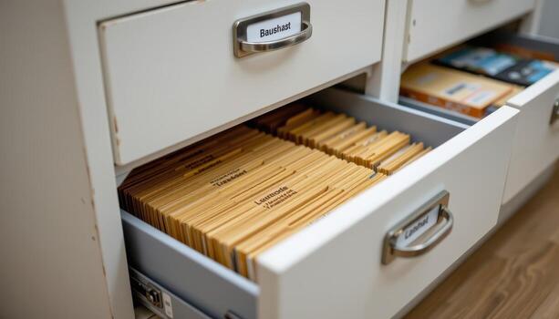 Open filing cabinet drawers reveal documents stacked orderly, with labels and dividers providing clear organization. photo