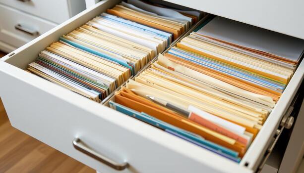 Open filing cabinet drawers hold organized papers, each folder positioned carefully to maintain a structured appearance. photo