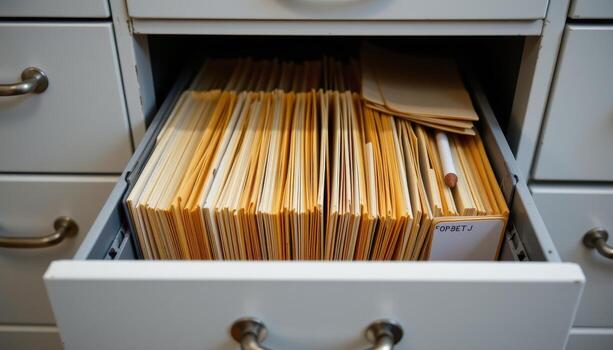 Open filing cabinet drawers reveal documents organized by project and category, with each folder aligned precisely. photo