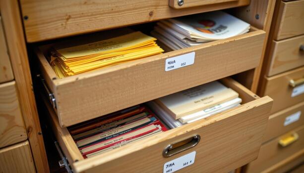 Open filing cabinet drawers showcase orderly documents, with labels, dividers, and color coding keeping the system efficient. photo