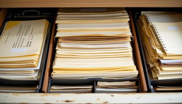 Open filing cabinet drawers contain papers arranged methodically, with files stacked neatly and folders labeled clearly. photo