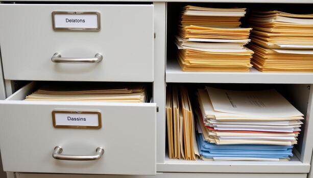 Open filing cabinet drawers hold orderly documents, with labeled folders and stacked papers arranged systematically. photo
