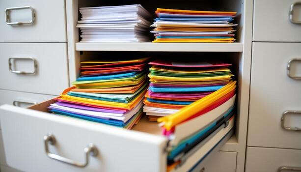 Open filing cabinet drawers reveal stacks of documents arranged systematically, with color coded folders and labeled tabs. photo