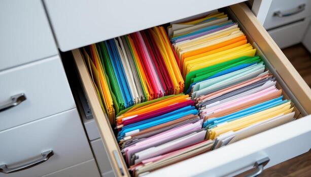 Open filing cabinet drawers contain organized papers, with color coded folders and neatly aligned stacks in each compartment. photo