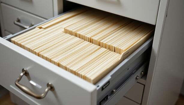 Open filing cabinet drawers showcase neatly categorized files, each folder positioned for optimal accessibility. photo