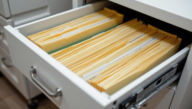 Open filing cabinet drawers hold organized documents, each folder positioned carefully and labeled for clarity. photo