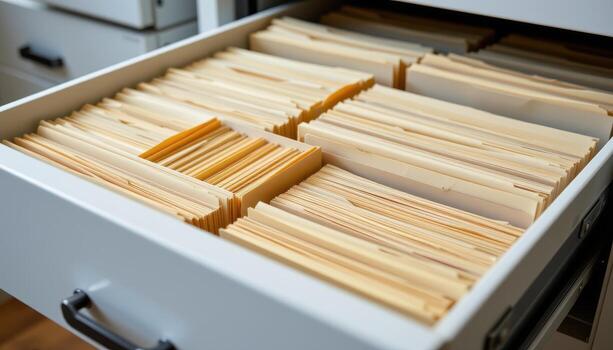Open filing cabinet drawers display neatly organized papers, each folder aligned consistently within the drawers. photo
