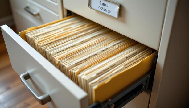 Open filing cabinet drawers hold meticulously arranged documents, with papers stacked evenly in labeled folders. photo