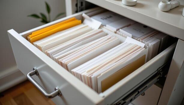 Open filing cabinet drawers hold papers arranged methodically, each folder positioned precisely for a professional appearance. photo