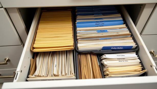 Open filing cabinet drawers reveal neatly arranged documents, with folders aligned systematically and labels providing guidance. photo