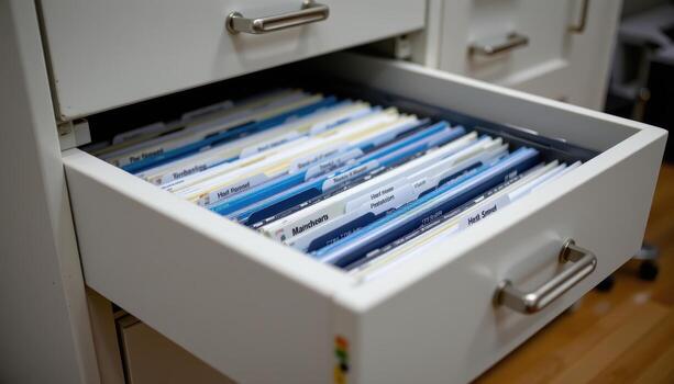 Open filing cabinet drawers hold orderly files, with stacked documents and labeled dividers maintaining professional organization. photo
