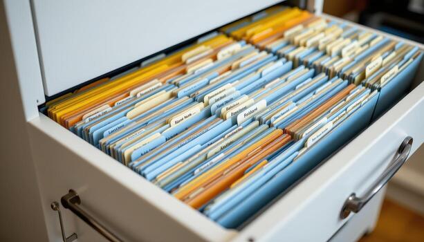 Open filing cabinet drawers contain organized files, each folder aligned evenly with labeled tabs for clarity. photo