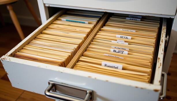 Open filing cabinet drawers reveal organized papers, with folders stacked evenly, aligned precisely, and labeled for efficiency. photo