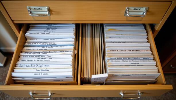 Open filing cabinet drawers display organized paperwork, with labels, dividers, and evenly aligned folders creating order. photo