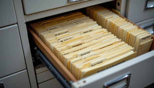 Open filing cabinet drawers reveal files arranged methodically, each folder labeled and positioned evenly. photo