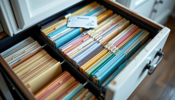Open filing cabinet drawers showcase papers stacked in orderly rows, with color coded labels and dividers maintaining a clean system. photo