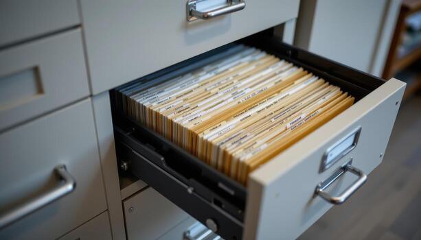 Open filing cabinet drawers showcase files sorted by priority and category, with evenly stacked documents and labeled tabs. photo