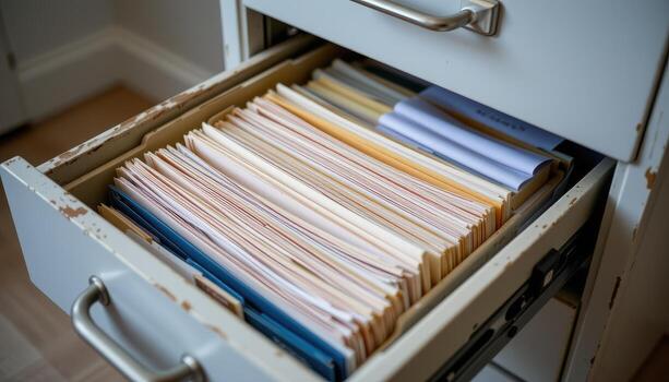 Open filing cabinet drawers display neatly organized documents, with papers stacked in orderly rows and folders aligned precisely. photo