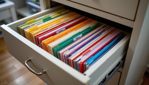Open filing cabinet drawers display files arranged systematically, with labeled tabs, color coded folders, and evenly stacked papers. photo