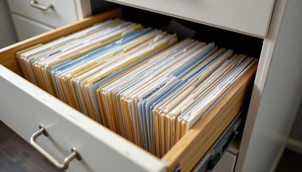 Open filing cabinet drawers hold documents arranged by type and category, with evenly stacked folders and labeled tabs. photo