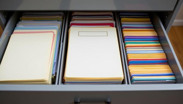 Open filing cabinet drawers hold documents arranged methodically, with dividers, color coded folders, and labeled tabs ensuring clarity. photo