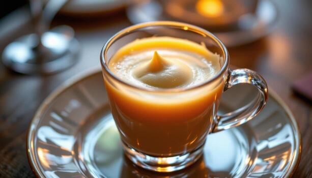 A mousse in a glass cup glows with warmth, the reflections and highlights perfectly balanced to showcase its creamy texture and refined presentation. photo