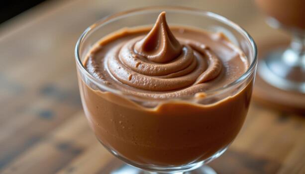 A mousse filled glass cup gleams slightly under diffused light, showing a smooth gradient of chocolate tones from top to bottom. photo
