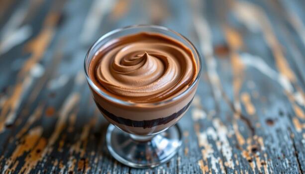 A mousse in a glass cup displays elegant swirls, the layered tones of chocolate visible through the sides in perfect definition. photo