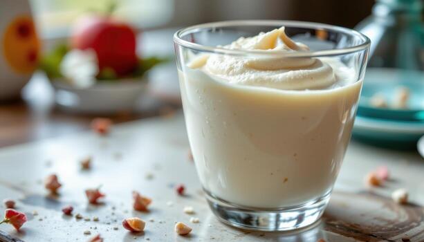 A mousse in a glass cup reveals its airy texture through delicate reflections, the lighting balanced and calm. photo