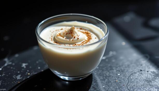 A mousse in a glass cup rests on a dark background, the reflective glass amplifying the contrast between shadow and shine. photo
