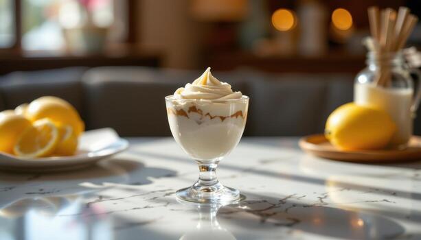 A mousse in a glass cup stands under a single light source, with reflections creating a cinematic mood. photo