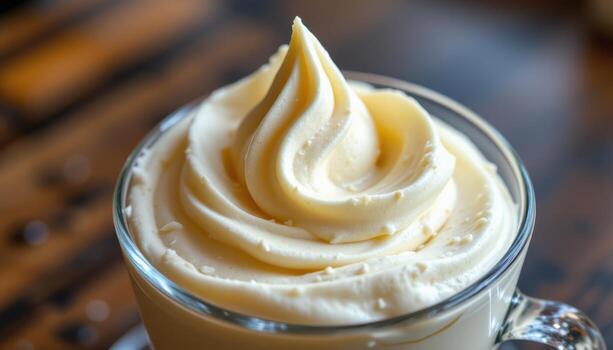 un vaso taza lleno con mousse Destacar suave picos y lustroso curvas, mejorado por difundido natural Encendiendo. foto