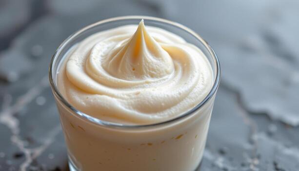 A mousse in a glass cup features a smooth and glossy top, captured with gentle reflections to accentuate texture. photo