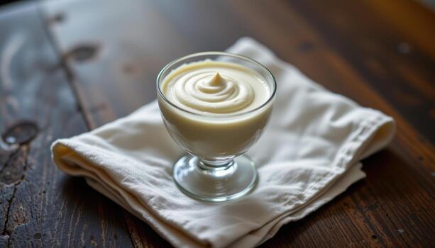 A mousse in a glass cup sits atop a linen cloth, the soft reflections of surrounding light emphasizing the dessert's creamy texture and perfect symmetry. photo