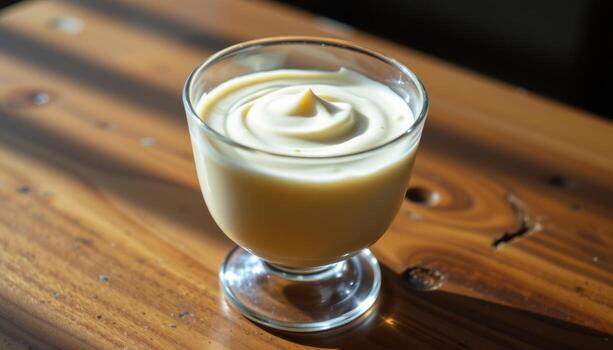 un vaso taza conteniendo mousse descansa esmeradamente en un de madera mesa, el delicado ondas en sus superficie reluciente suavemente debajo difundido luz. foto