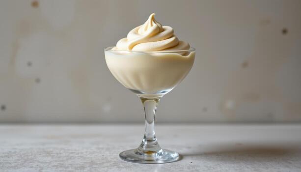 A glass cup containing mousse stands against a neutral background, the dessert's glossy surface and soft curves illuminated by subtle reflections. photo