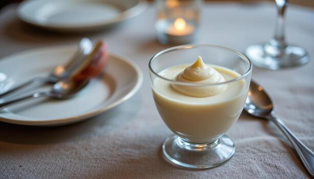 un vaso taza conteniendo mousse se sienta junto a sutil vajilla, el suave postre reluciente debajo cálido, difundido Encendiendo. foto