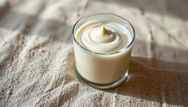 A glass cup of mousse rests on a textured fabric surface, the interplay of light and shadow emphasizing its rich, smooth texture. photo