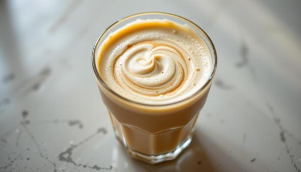 A glass cup of mousse reveals a gentle swirl pattern, illuminated to highlight its delicate and creamy consistency. photo